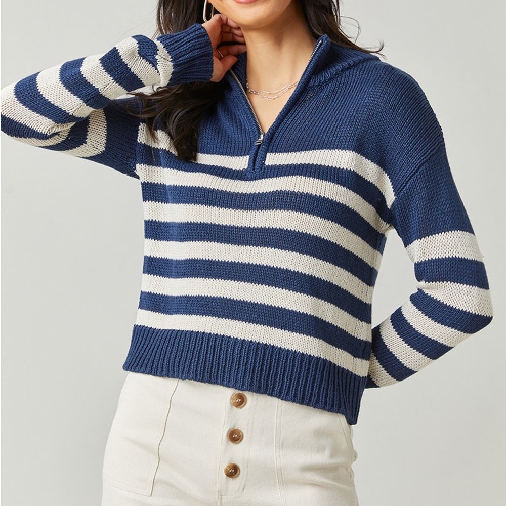 Navy and White Striped Women's Quarter Zip Sweater